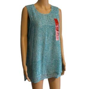 Fever Speckle Grid Sleeveless Asymmetrical Blouse Summer Top Medium Aqua D77